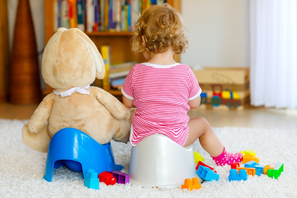 Cute toddler girl sitting on potty next to stuffy on its potty. Backs only