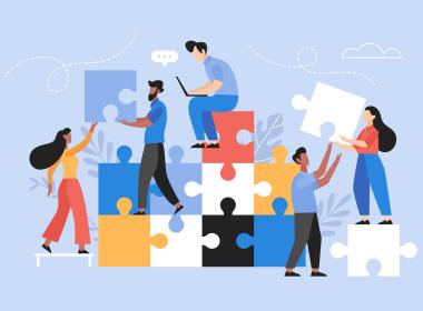 Vector art of people building a puzzle together.