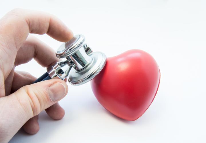 Doctor holding stethoscope in his hand, examines heart shape for presence of diseases of cardiovascular system. Photo for use in cardiology, cardiac surgery, diagnosis and treatment of heart disease