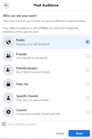 Facebook "post audience" screengrab